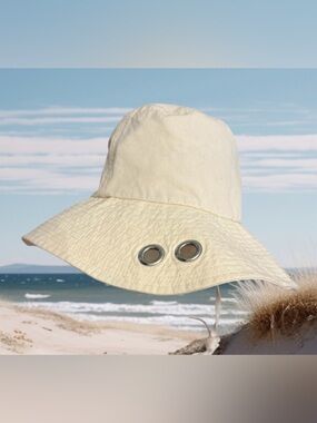 UGG Australia 🦘Cream Cotton Bucket Hat Vent Eyelets Chin Strap ☀️